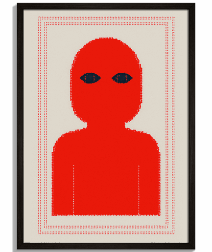 Moderné obrazy na stenu - Minimalistická grafika červenej postavy The Watcher - čierny rám - decorme.sk