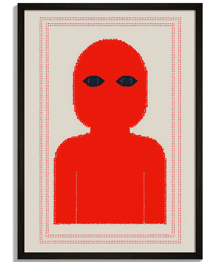 The Watcher | Moderná Grafika Moderné obrazy na stenu - Minimalistická grafika červenej postavy The Watcher - čierny rám - decorme.sk