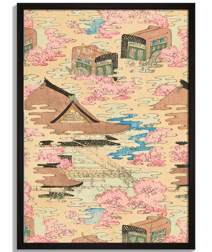 Moderné obrazy na stenu - Japonský dizajn s čerešňovými kvetmi, riekou a pavilónmi od Korin Furuya No.4 - čierny rám - decorme.sk