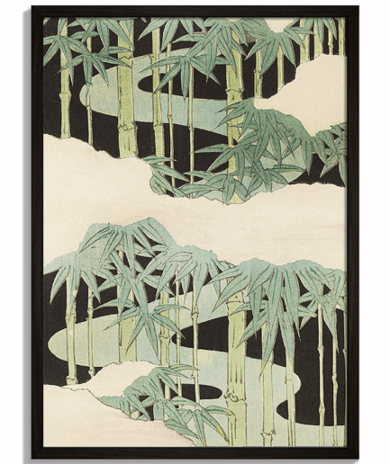 Moderné obrazy na stenu - Japonský dizajn bambusového lesa s riekou od Korin Furuya No.2 - čierny rám - decorme.sk