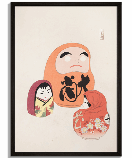 Moderné obrazy na stenu - Japonská ilustrácia hračiek: bábika Daruma a ženské figúrky od Kawasaki Kyosen No.6 - čierny rám - decorme.sk