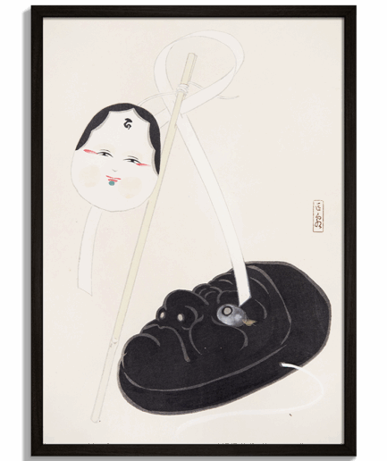 Moderné obrazy na stenu - Japonská ilustrácia hračiek: čierna maska a biela tvár Otafuku na paličke od Kawasaki Kyosen No.5 - čierny rám - decorme.sk