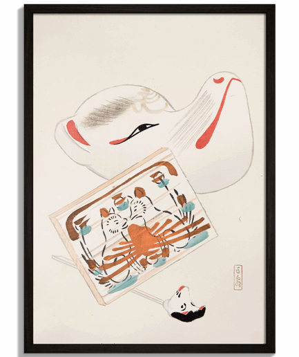 Moderné obrazy na stenu - Japonská ilustrácia tradičnej hračky psa a votívnej tabuľky Ema od Kawasaki Kyosen No.3 - čierny rám - decorme.sk