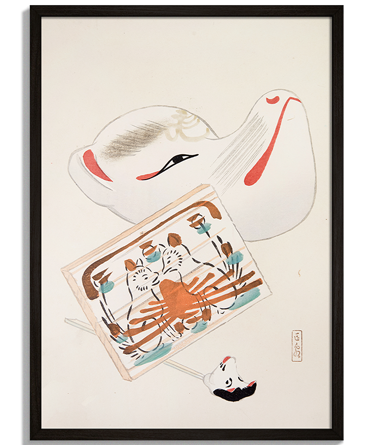 Kawasaki Kyosen: Toy No.3 | Japonská Ilustrácia Moderné obrazy na stenu - Japonská ilustrácia tradičnej hračky psa a votívnej tabuľky Ema od Kawasaki Kyosen No.3 - čierny rám - decorme.sk