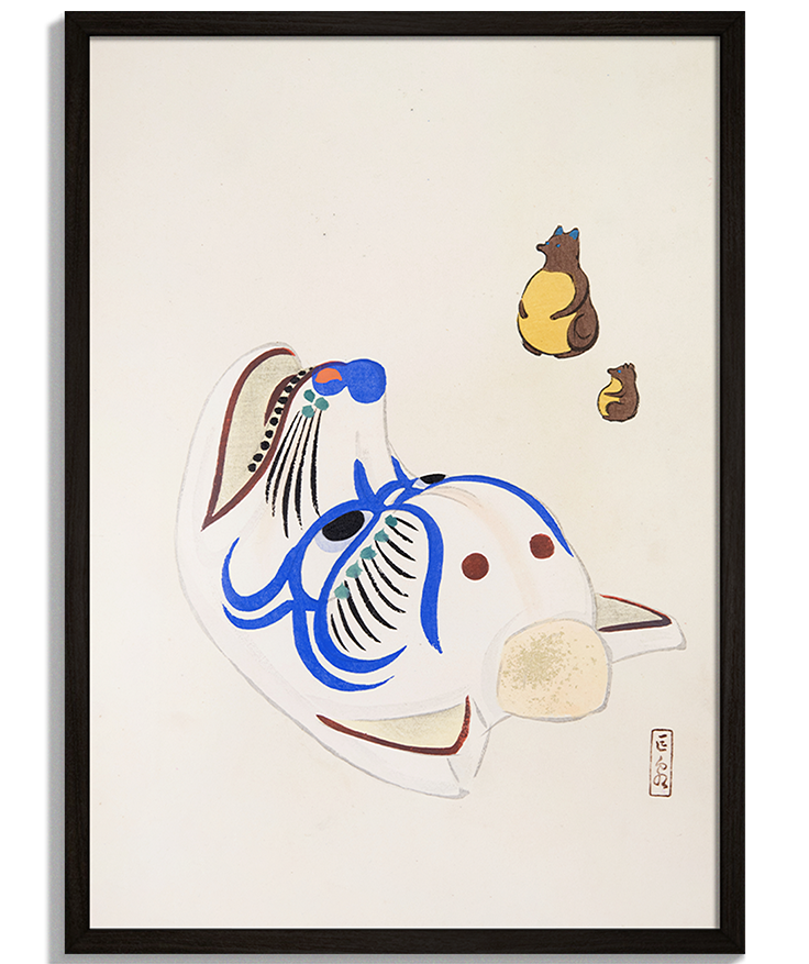 Kawasaki Kyosen: Toy No.2 | Japonská Ilustrácia Moderné obrazy na stenu - Japonská ilustrácia tradičnej hračky psa Inu-hariko a medveďov od Kawasaki Kyosen No.2 - čierny rám - decorme.sk