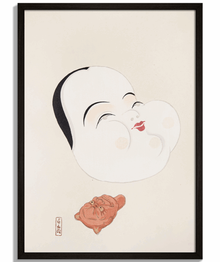 Moderné obrazy na stenu - Japonská ilustrácia tradičnej hračky maska Otafuku od Kawasaki Kyosen No.1 - čierny rám - decorme.sk
