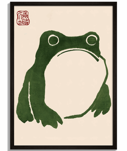 Moderné obrazy na stenu - Japonský drevorez sediacej žaby s bielym bruškom Matsumoto Hoji Frog No.3 - čierny rám - decorme.sk