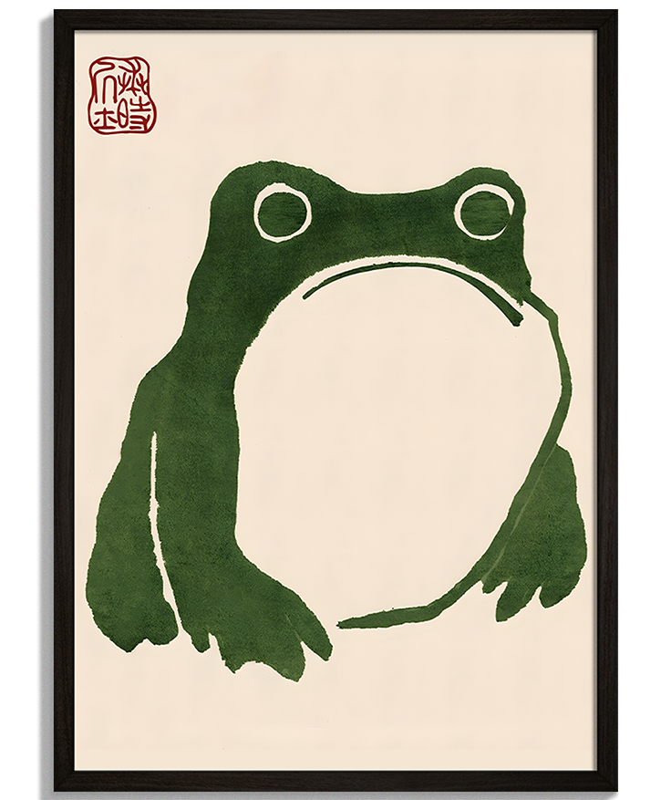 Matsumoto Hoji: Frog No.3 | Japonský Drevorez Moderné obrazy na stenu - Japonský drevorez sediacej žaby s bielym bruškom Matsumoto Hoji Frog No.3 - čierny rám - decorme.sk