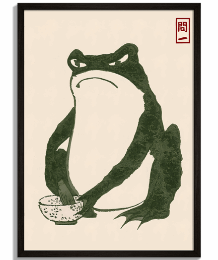 Moderné obrazy na stenu - Japonský drevorez mrzutej žaby s miskou od Matsumoto Hoji Frog No.2 - čierny rám - decorme.sk