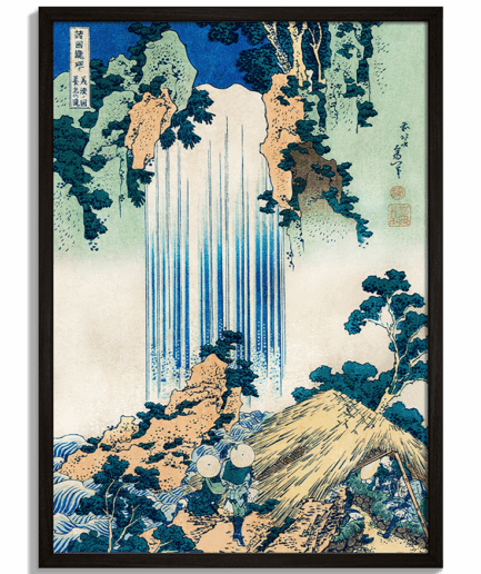 Moderné obrazy na stenu - Japonský drevorez Vodopád Amida od Hokusaiho s piknikom - čierny rám - decorme.sk