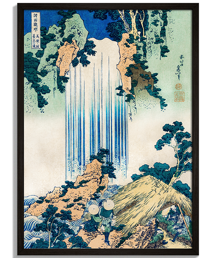 Amida Waterfall | Japonský Drevorez Moderné obrazy na stenu - Japonský drevorez Vodopád Amida od Hokusaiho s piknikom - čierny rám - decorme.sk