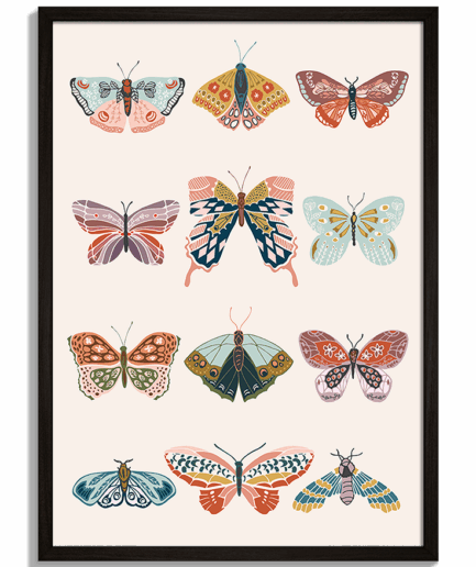 Moderné obrazy na stenu - Ilustrácia dvanástich farebných motýľov s dekoratívnymi vzormi Butterflies No.1 - čierny rám - decorme.sk