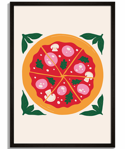 Moderné obrazy do kuchyne - Ilustrácia pizze so salamou a zelenými lístkami v rohoch Pizza No.2 - čierny rám - decorme.skdekoratívnom obrázku s rámom.