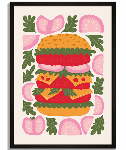 Moderné obrazy do kuchyne - Ilustrácia veľkého burgra s paradajkami a šalátom Burger - čierny rám - decorme.sk
