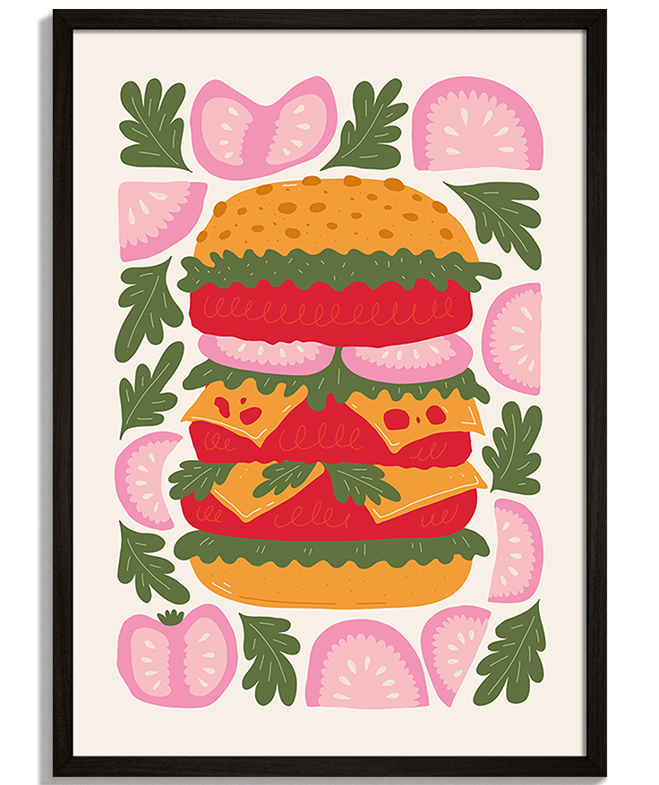 Burger | Moderná Ilustrácia Moderné obrazy do kuchyne - Ilustrácia veľkého burgra s paradajkami a šalátom Burger - čierny rám - decorme.sk