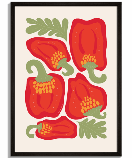 Moderné obrazy do kuchyne - Ilustrácia červenej papriky so zelenými stopkami a listami Paprika - čierny rám - decorme.sk