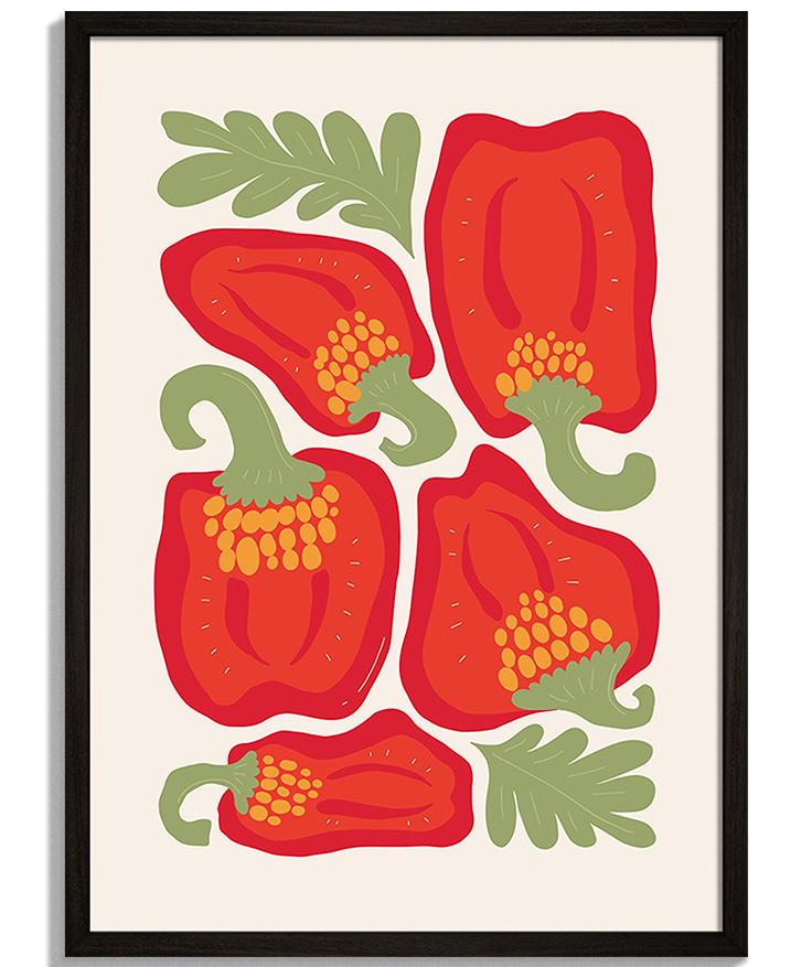 Paprika | Moderná Ilustrácia Moderné obrazy do kuchyne - Ilustrácia červenej papriky so zelenými stopkami a listami Paprika - čierny rám - decorme.sk