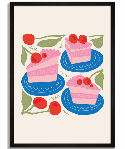 Moderné obrazy do kuchyne - Ilustrácia troch kúskov ružovej torty s čerešňami na modrých tanierikoch Cake No.2 - čierny rám - decorme.sk