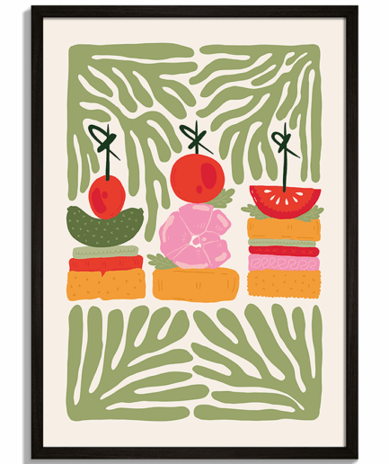 Moderné obrazy do kuchyne - Ilustrácia troch jednohubiek s krevetou, syrom a zeleninou Canapes - čierny rám - decorme.sk