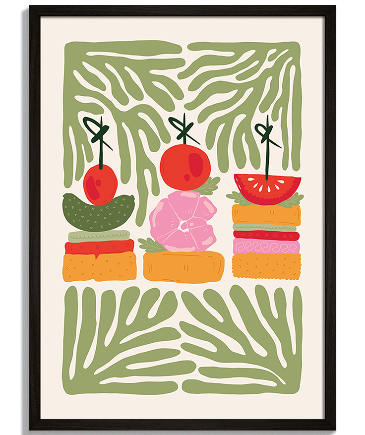 Canapes | Moderná Ilustrácia Moderné obrazy do kuchyne - Ilustrácia troch jednohubiek s krevetou, syrom a zeleninou Canapes - čierny rám - decorme.sk