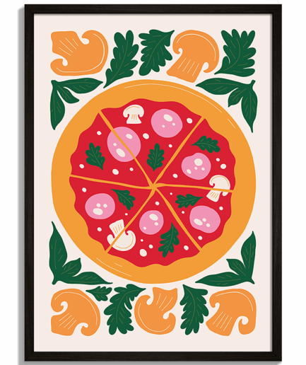 Moderné obrazy do kuchyne - Ilustrácia celej pizze so salamou, šampiňónmi a bylinkami Pizza No.1 - čierny rám - decorme.sk