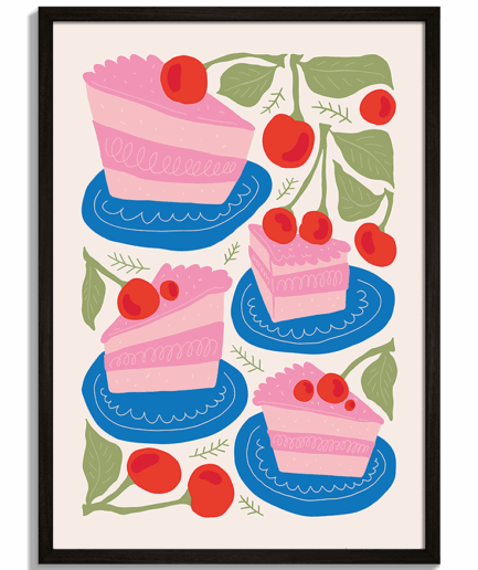 Moderné obrazy do kuchyne - Ilustrácia kúskov ružovej torty s čerešňami na modrých tanierikoch Cake No.1 - čierny rám - decorme.sk