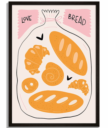 Moderné obrazy do kuchyne - Ilustrácia vrecka s pečivom a nápisom Love Bread - čierny rám - decorme.sk