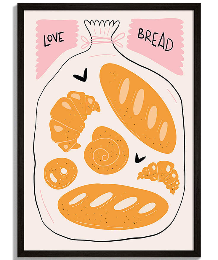 Love Bread | Moderná Ilustrácia Moderné obrazy do kuchyne - Ilustrácia vrecka s pečivom a nápisom Love Bread - čierny rám - decorme.sk