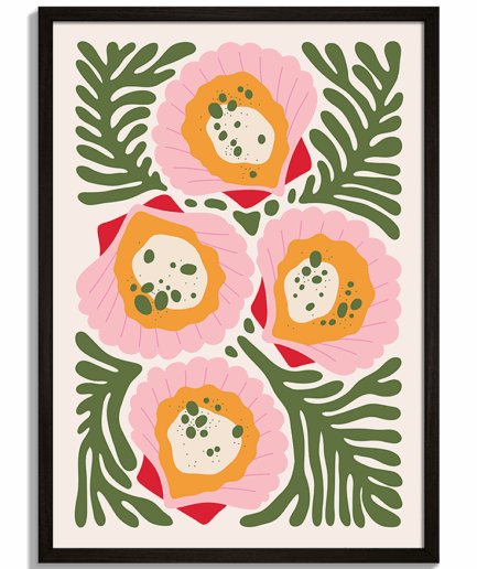 Moderné obrazy na stenu - Ilustrácia štyroch ružových mušlí hrebenatiek s morskými riasami Scallops - čierny rám - decorme.sk