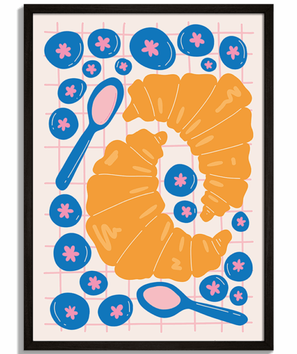 Moderné obrazy do kuchyne - Ilustrácia dvoch croissantov s čučoriedkami a lyžičkami na ružovej mriežke Croissants - čierny rám - decorme.sk