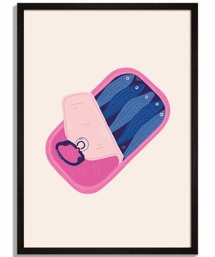 Moderné obrazy do kuchyne - Ilustrácia ružovej konzervy sardiniek s modrými rybičkami Sardines - čierny rám - decorme.sk