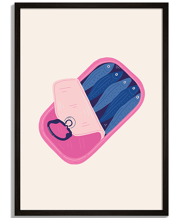 Sardines | Moderná Ilustrácia Moderné obrazy do kuchyne - Ilustrácia ružovej konzervy sardiniek s modrými rybičkami Sardines - čierny rám - decorme.sk