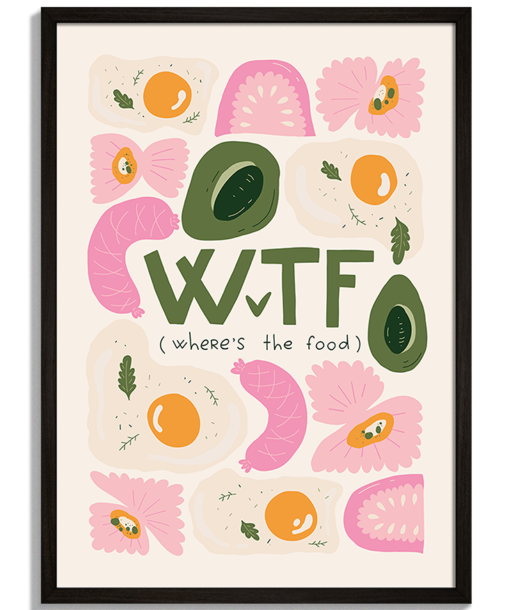 WTF (Where's The Food) | Vtipná Typografia Moderné obrazy do kuchyne - Vtipný plagát s jedlom a nápisom WTF Where's the food - čierny rám - decorme.sk