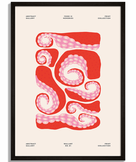 Moderné obrazy do kuchyne - Ilustrácia červených chápadiel chobotnice s nápisom Food is Memories - čierny rám - decorme.sk