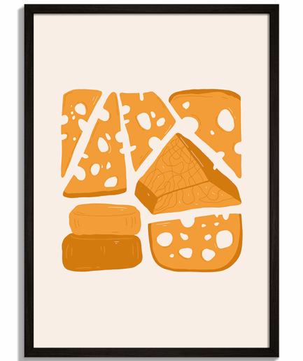 Moderné obrazy do kuchyne - Ilustrácia rôznych druhov syra v oranžových odtieňoch Cheese - čierny rám - decorme.sk