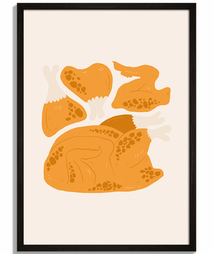 Moderné obrazy do kuchyne - Ilustrácia častí pečeného kuraťa s chrumkavou kôrkou Chicken No.2 - čierny rám - decorme.sk