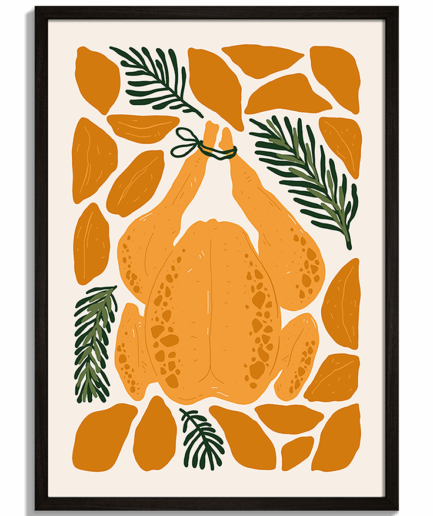 Moderné obrazy do kuchyne - Ilustrácia pečeného kuraťa s bylinkami a zemiakmi Chicken No.1 - čierny rám - decorme.sk