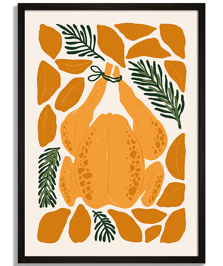 Chicken No.1 | Moderná Ilustrácia Moderné obrazy do kuchyne - Ilustrácia pečeného kuraťa s bylinkami a zemiakmi Chicken No.1 - čierny rám - decorme.sk