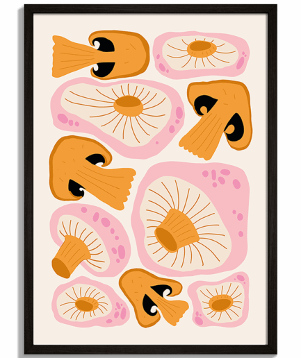 Moderné obrazy do kuchyne - Ilustrácia vzoru húb v oranžovej a ružovej farbe Shrooms - čierny rám - decorme.sk