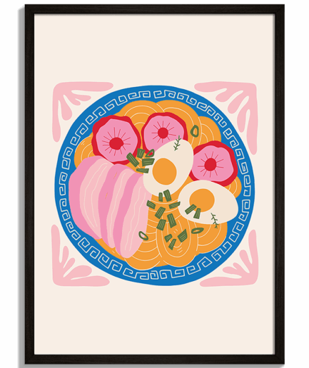 Moderné obrazy do kuchyne - Ilustrácia misky Ramen s vajíčkami, mäsom a rezancami v modrej miske - čierny rám - decorme.sk