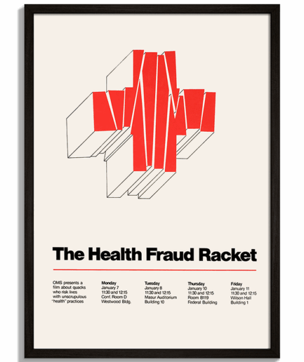 Vintage plagáty na stenu - Minimalistický plagát The Health Fraud Racket s červeným 3D krížom a typografiou - čierny rám - decorme.sk