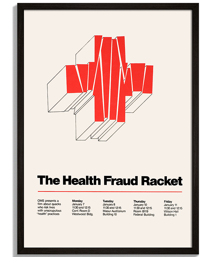 The Health Fraud Racket | Vintage Dizajn Vintage plagáty na stenu - Minimalistický plagát The Health Fraud Racket s červeným 3D krížom a typografiou - čierny rám - decorme.sk