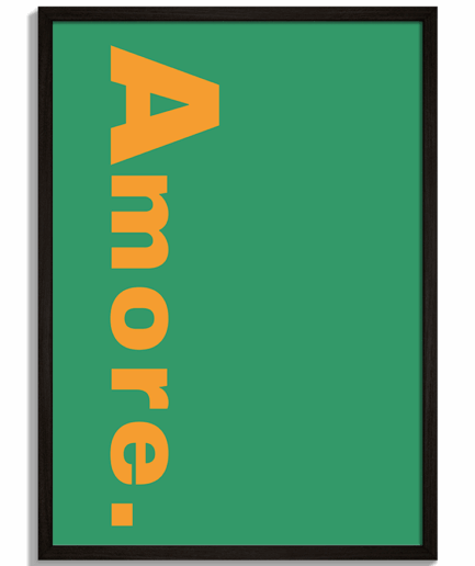 Moderné obrazy s nápisom - Minimalistický zelený plagát so zvislým oranžovým textom Amore - čierny rám - decorme.sk