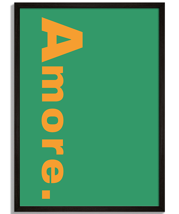 Amore | Moderná Typografia Moderné obrazy s nápisom - Minimalistický zelený plagát so zvislým oranžovým textom Amore - čierny rám - decorme.sk