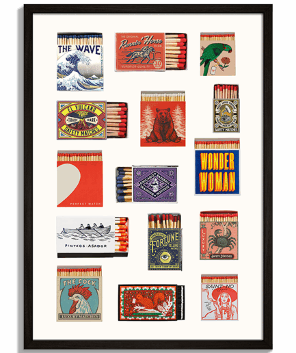 Vintage plagáty na stenu - Koláž farebných retro zápalkových krabičiek s rôznymi motívmi Matches - čierny rám - decorme.sk