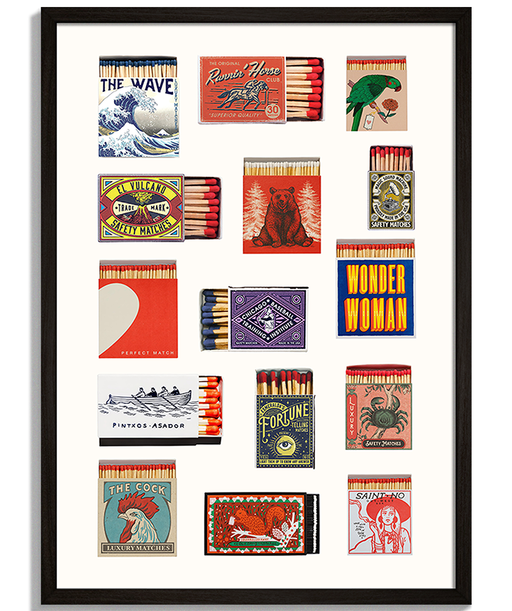 Matches | Vintage Koláž Vintage plagáty na stenu - Koláž farebných retro zápalkových krabičiek s rôznymi motívmi Matches - čierny rám - decorme.sk