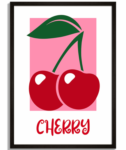 Pop-art grafiky pre moderný priestor - Ilustrácia dvoch červených čerešní na ružovom obdĺžniku s nápisom Cherry - čierny rám - decorme.sk