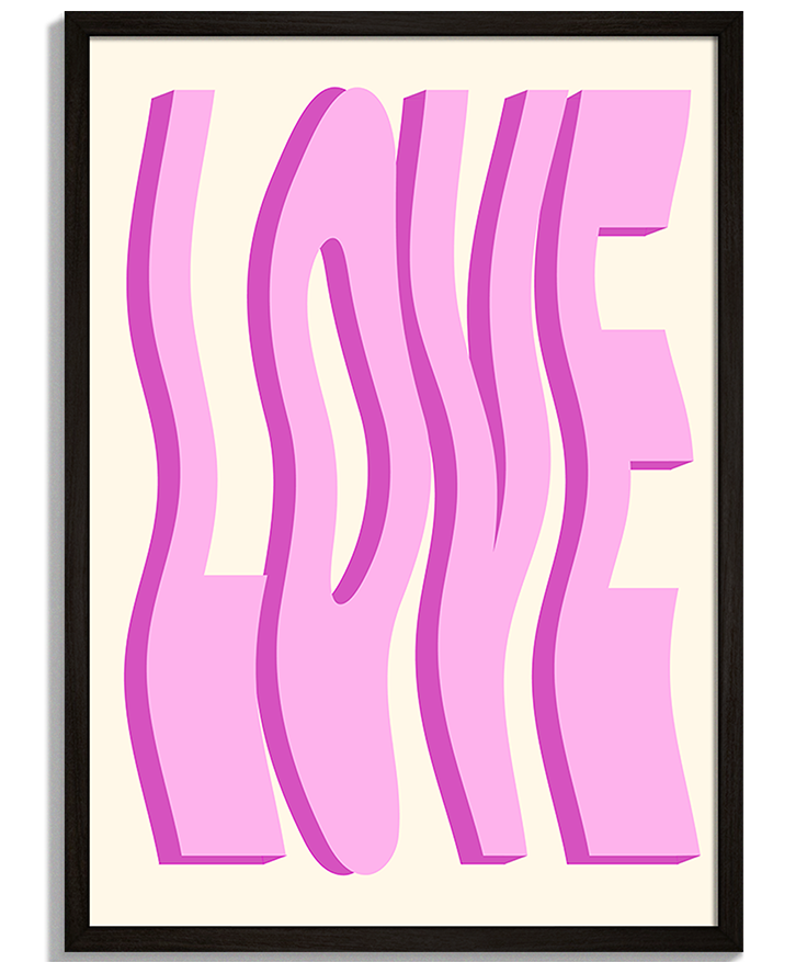 Love | Moderná Typografia Moderné obrazy s nápisom - Ružový vlnitý nápis Love s 3D efektom na krémovom pozadí - čierny rám - decorme.sk