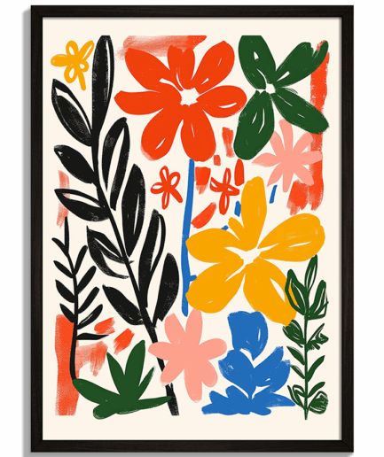 Moderné obrazy s prírodnými motívmi - Abstraktná kvetinová kompozícia Botanic Rhythm s pestrými farbami - čierny rám - decorme.sk