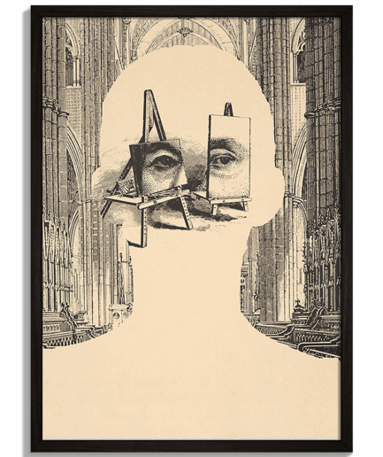 Vintage plagáty na stenu - Surrealistická koláž Lanny Sommese 1979 so siluetou hlavy a očami na stojanoch v katedrále - čierny rám - decorme.sk